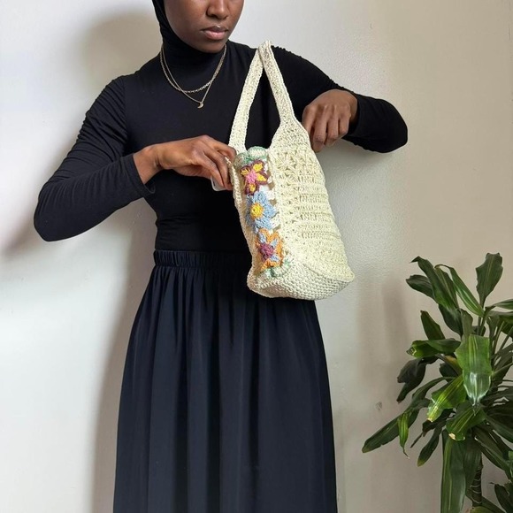 Vintage‎ 90s/Y2K Faded Glory Floral Crochet Paper Straw Tote Bag - Picture 2 of 6